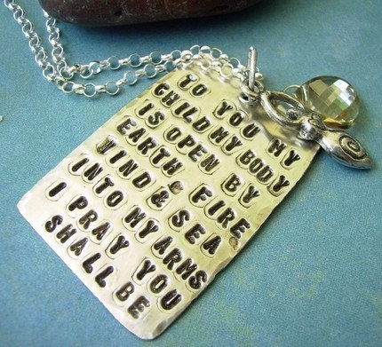 Fertility Goddess Scriptz - Hand Stamped Poem Charm Necklace with Briolette and Goddess Charm Dangle READY TO SHIP