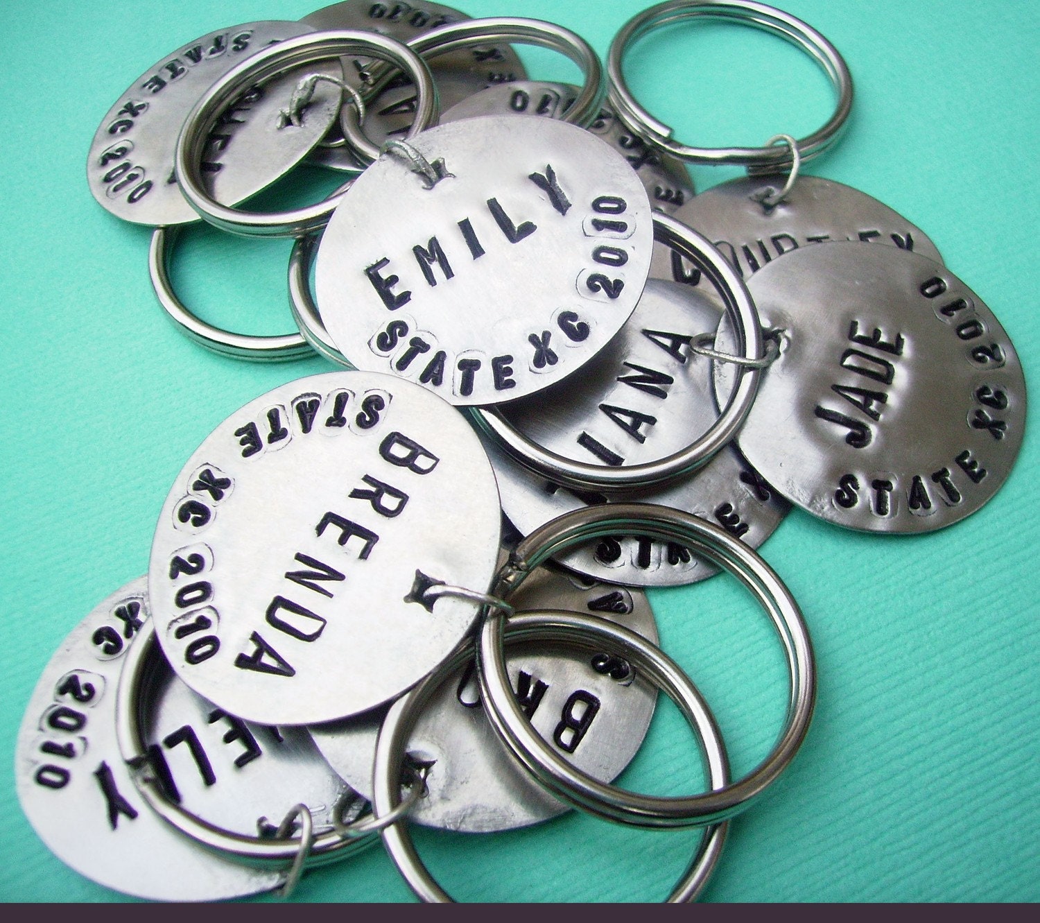 Personalized Hand-Stamped Antique Brass Or Antique Silver Disc Key Chain for Favors, Weddings, Teams or Biz Promotion