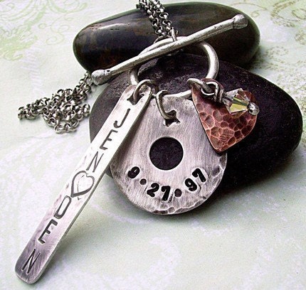 Personalized custom Hand Stamped Sterling Silver Rustic Handforged- Front Toggle Disc Bar Charm Necklace - You Choose Words, Names, Dates