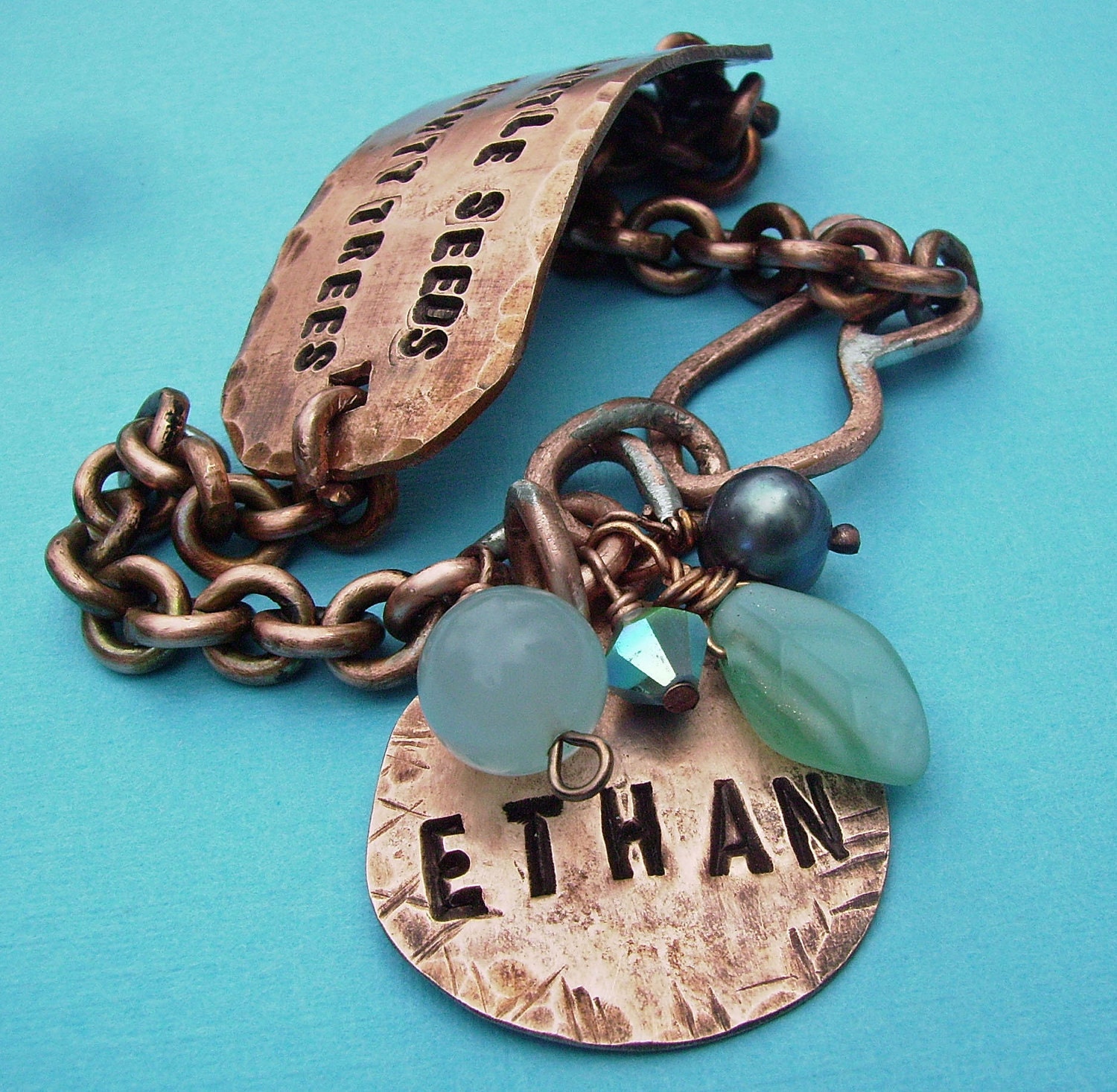 Hand Stamped Custom Personalized Antiqued Copper Id Band Bracelet w disc and beads - You choose Words, Names, Colors