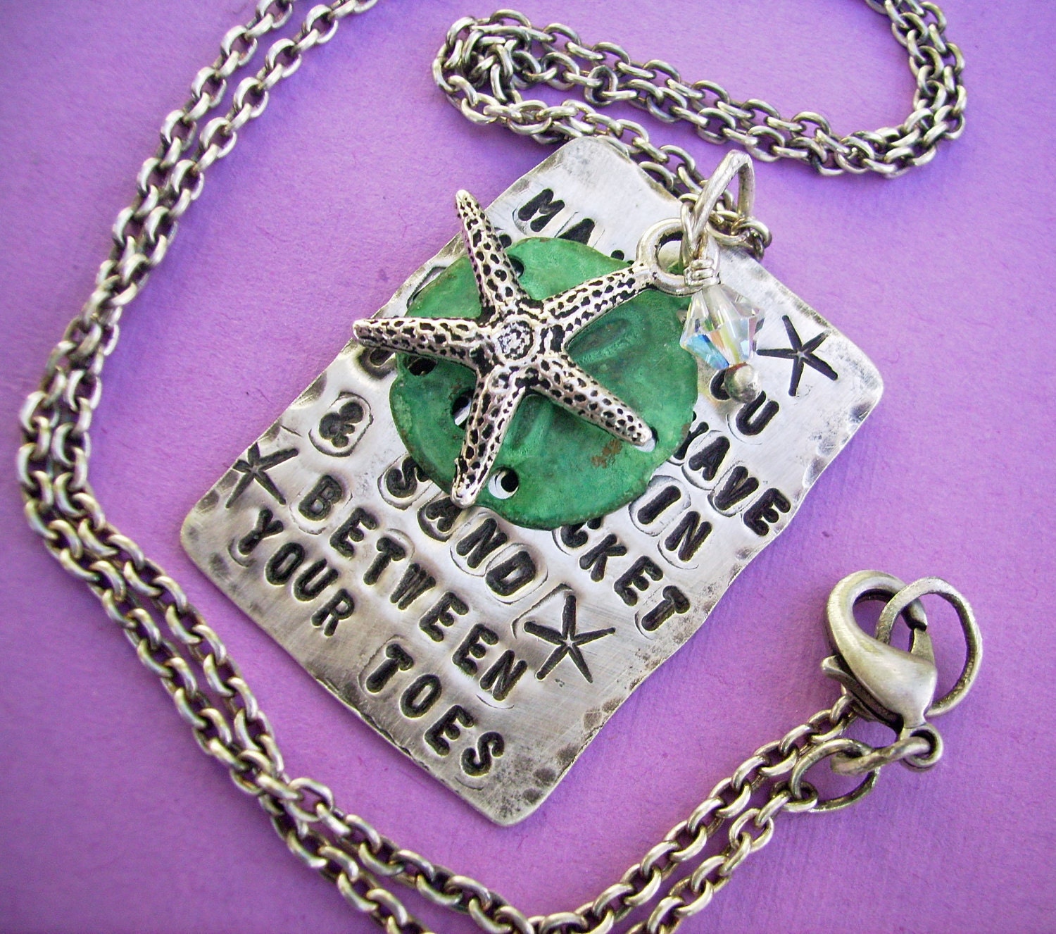 NEW - Beach Sterling Silver SCRIPTZ Hand-Stamped Poem Charm Necklace with Silver Starfish and Patina Sanddollar Charm Dangle.. Ready To Ship