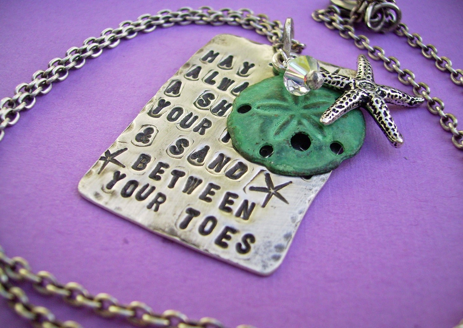 NEW - Beach Sterling Silver SCRIPTZ Hand-Stamped Poem Charm Necklace with Silver Starfish and Patina Sanddollar Charm Dangle.. Ready To Ship