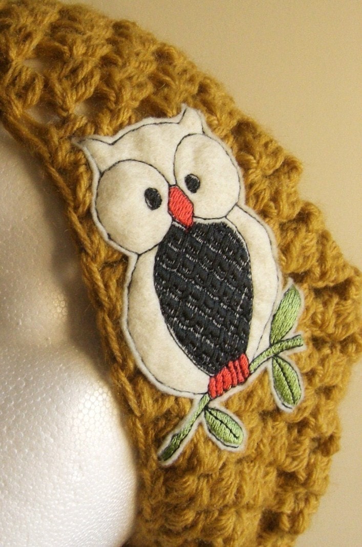 Mustard Yellow Slouchy Beanie Crocheted Hat with Owl