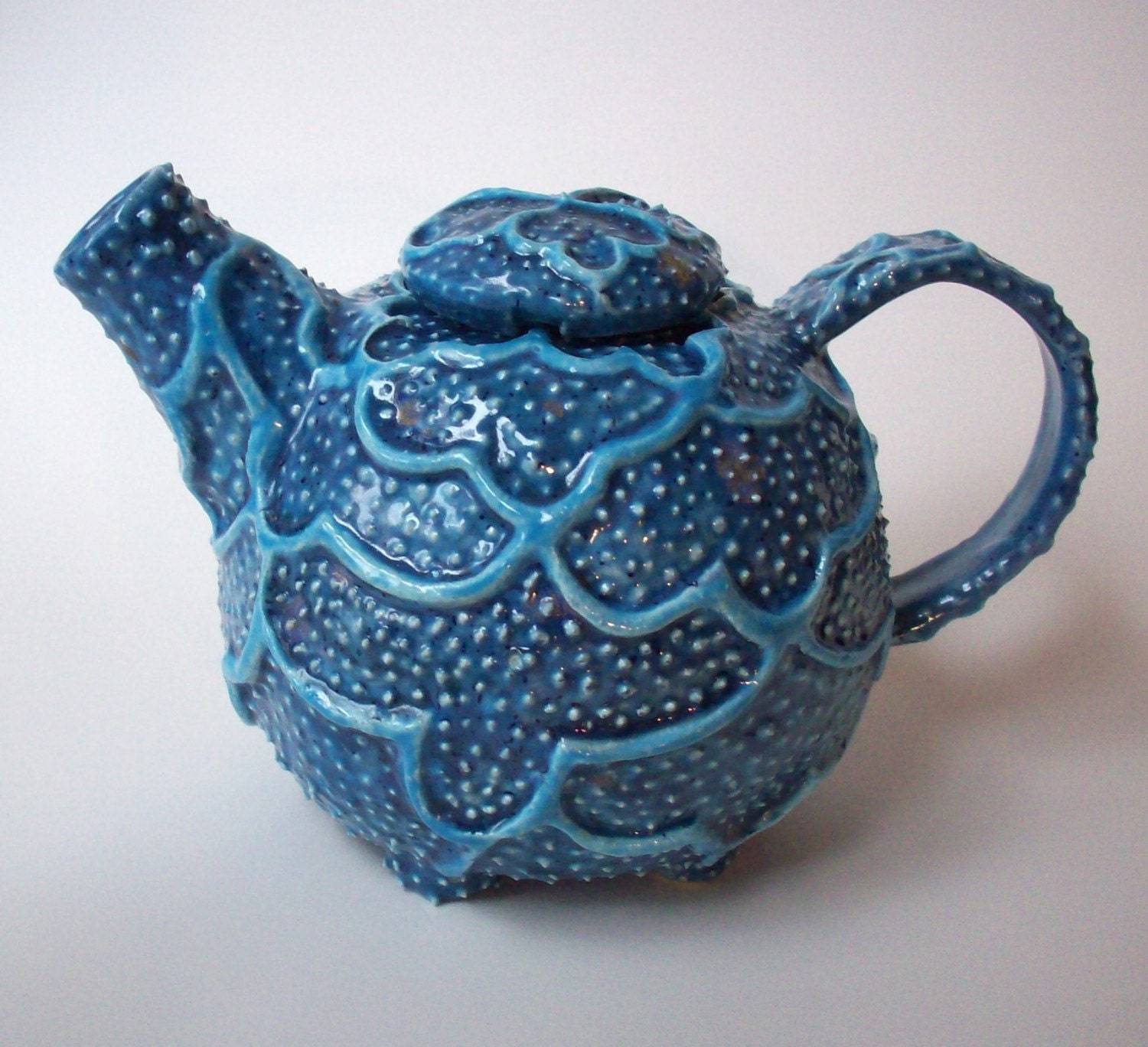 Handmade Ceramic Turquoise Teapot with Carved Design