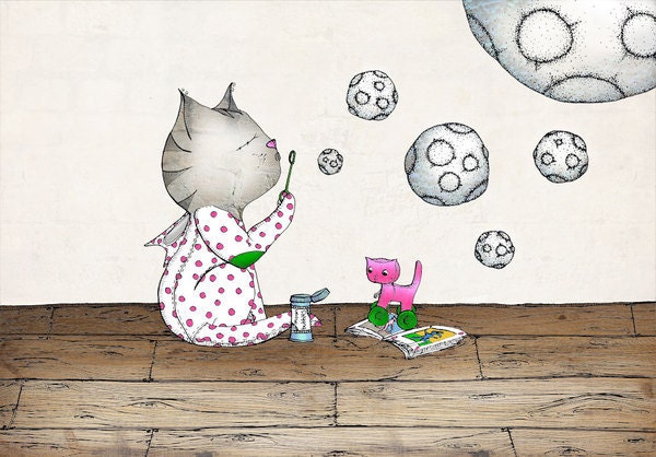 Whimsical Cat Art Print - Moon Bubbles - A4 Giclee Fine Art Print - by Ella Goodwin