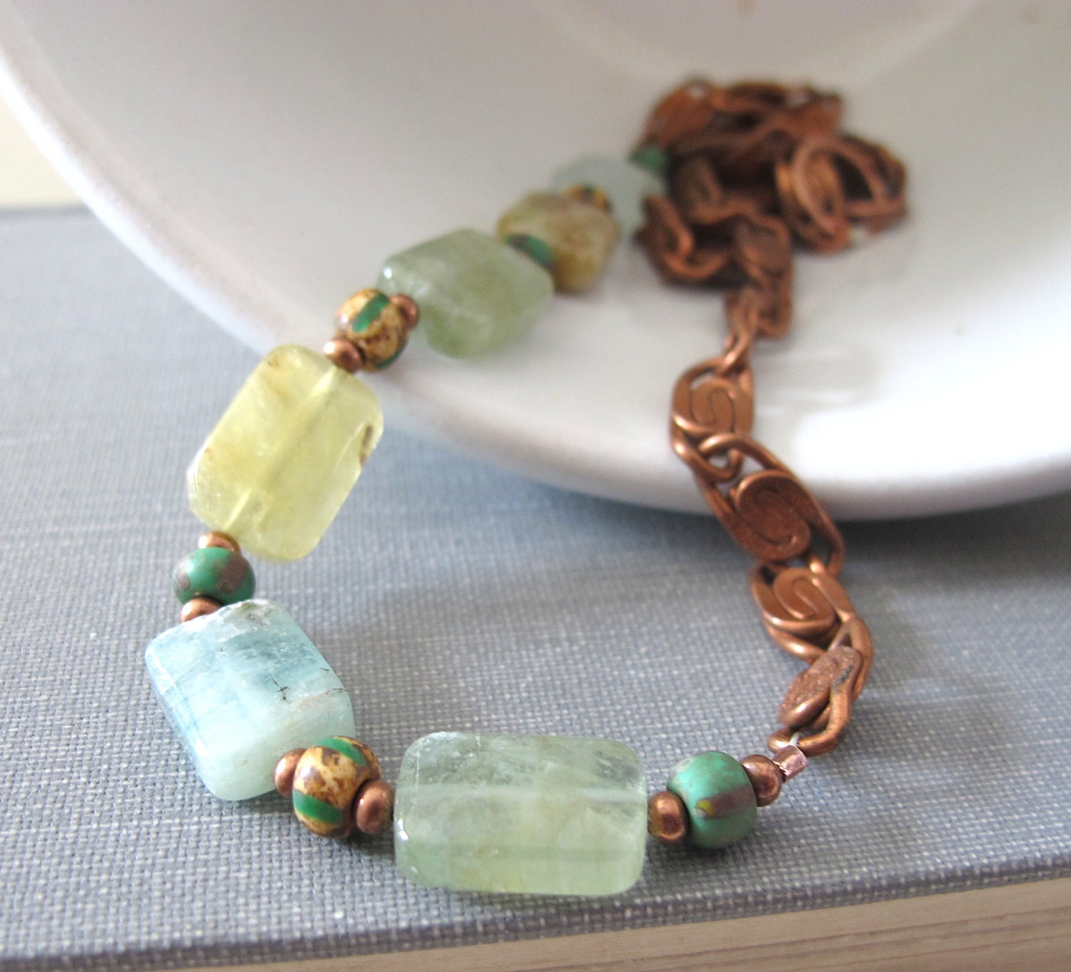 Amazonite Necklace, Copper Necklace, Pale Aqua Green, Yellow Green, Chunky Chain, Earthy Glass Beads, Copper Jewelry, Gemstone Jewelry