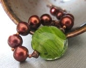 Brown Pearl Bracelet, Chestnut Brown Pearls, Spring Green Glass, Lampwork Glass, Copper Bracelet