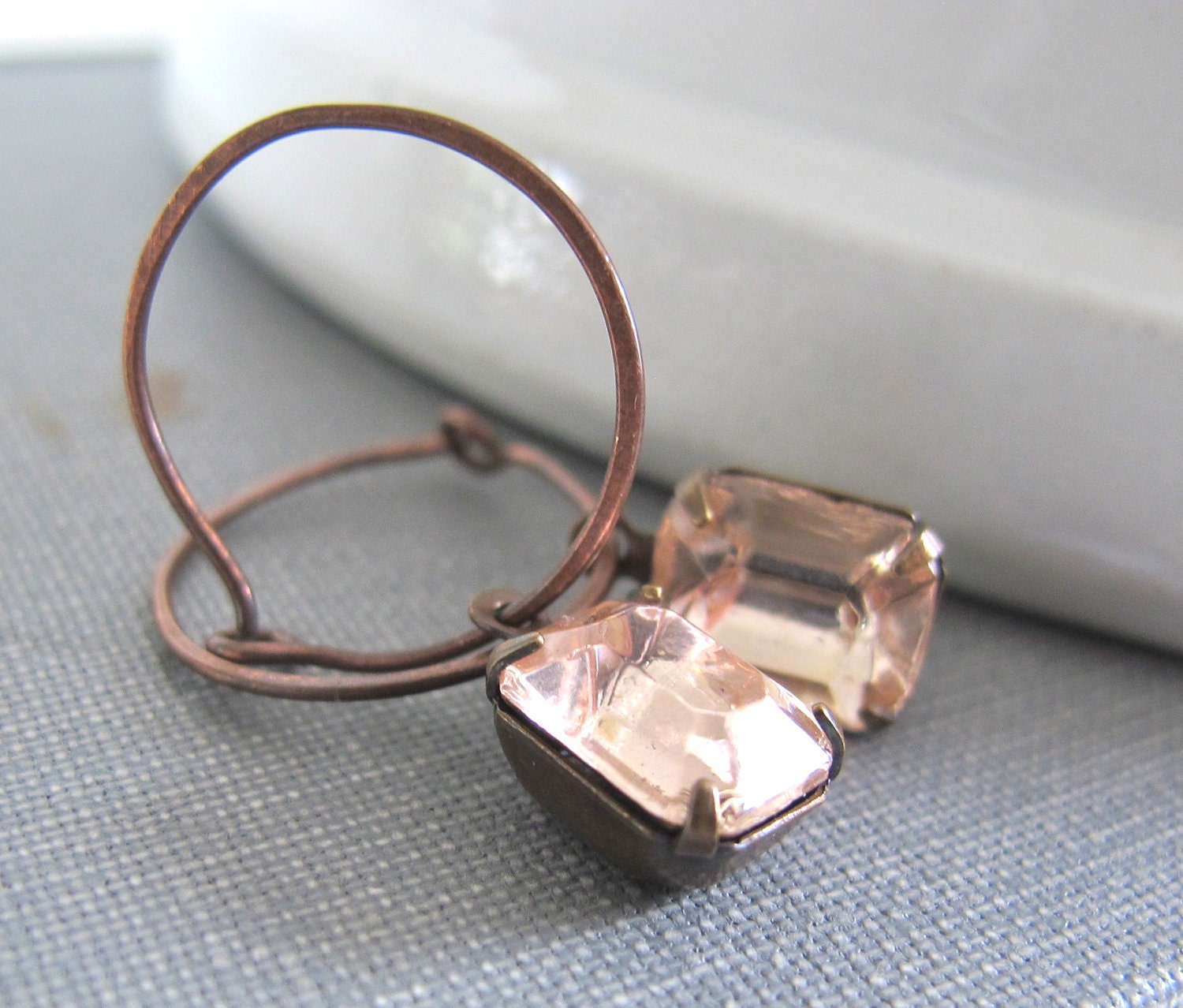 Pink Glass Earrings, Copper Earrings, Vintage Glass Charms, Pink Rhinestones, Rosaline Pink, Copper Hoops, Silver Pink