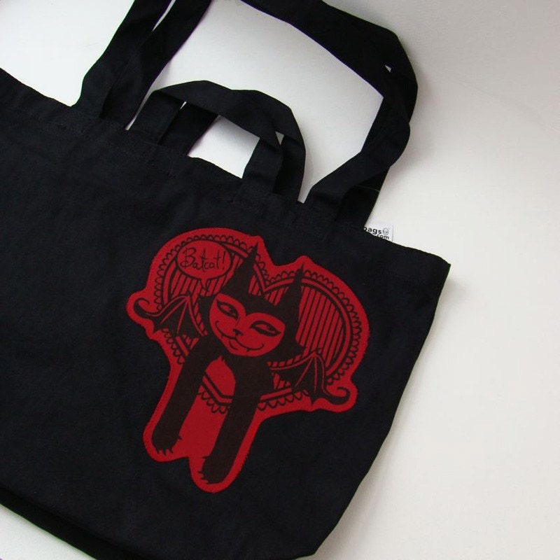 We Heart Batcat -Shopping tote with silkscreened patch-
