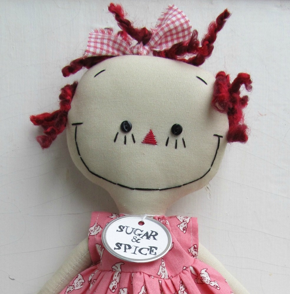 Raggedy Ann handmade cloth rag doll in a pink Retro Dog Dress