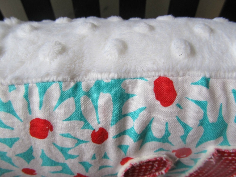 SMILE Pillow in Red Gingham and Aqua, Red and White Flowers handmade