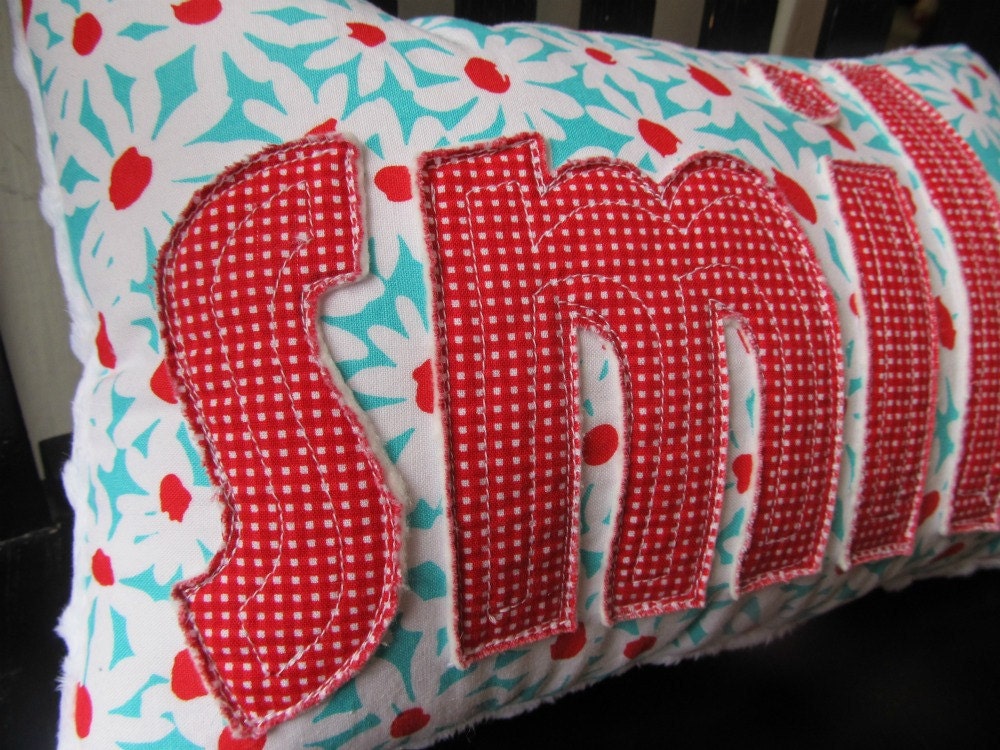 SMILE Pillow in Red Gingham and Aqua, Red and White Flowers handmade