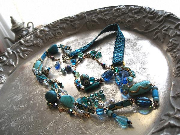 Deep into Blue necklace - handmade clay beads with vintage recycled elements