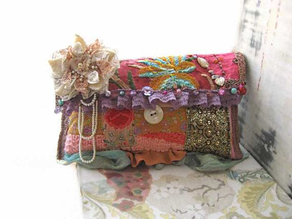The Tropics Clutch Bag, Purse, Antique Embroidery, Silk, Flowers, Mother of Pearl, Bohemian Gypsy, Vintage, Lace