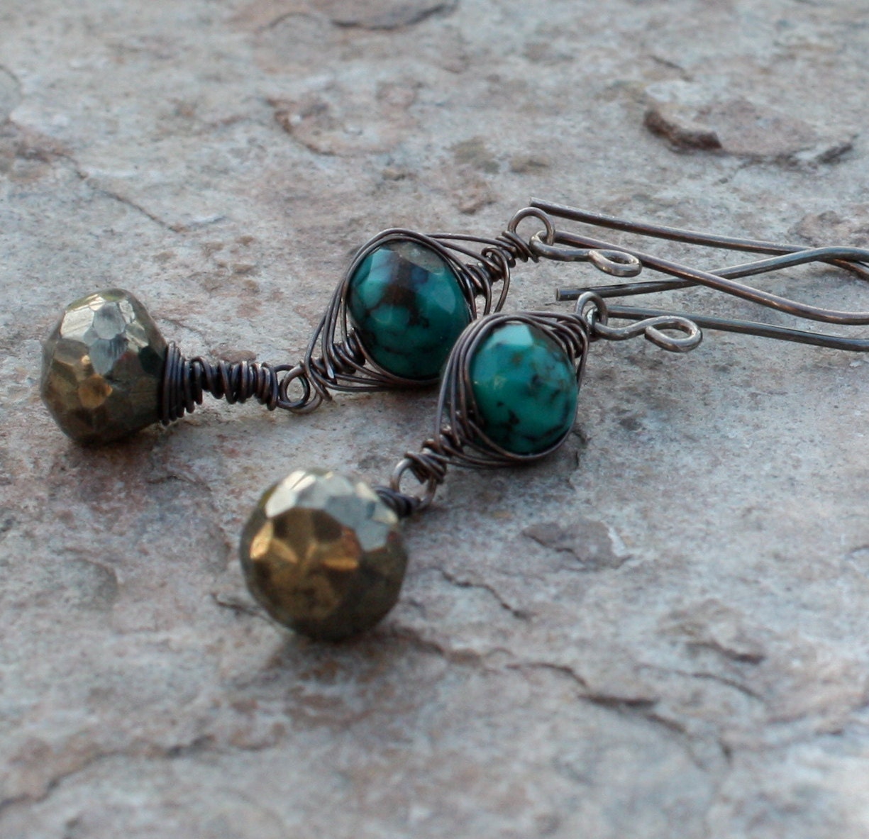 PYRITE earrings, TURQUOISE earrings woven sterling silver, Pyrite and Turquoise