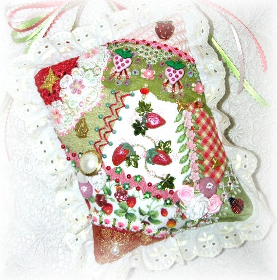 Embroidered Strawberry Pillow Small Hanging Crazy Quilt Pillow