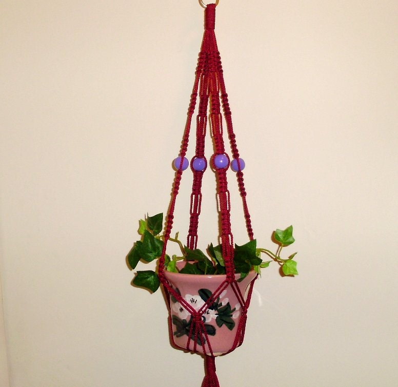 Macrame Plant Hanger Small Planter Holder BERRY WINE Made in USA