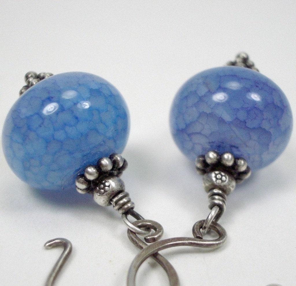 Crackled Agate, Blue, Sterling Silver, Wire wrapped, Earrings