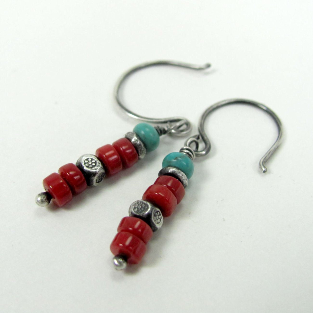 Turquoise, Coral, Hill Tribe, Rustic, Southwestern Earrings