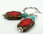 Czech Glass, Red, Turquoise, Sterling Silver, Wire Wrapped, Earrings