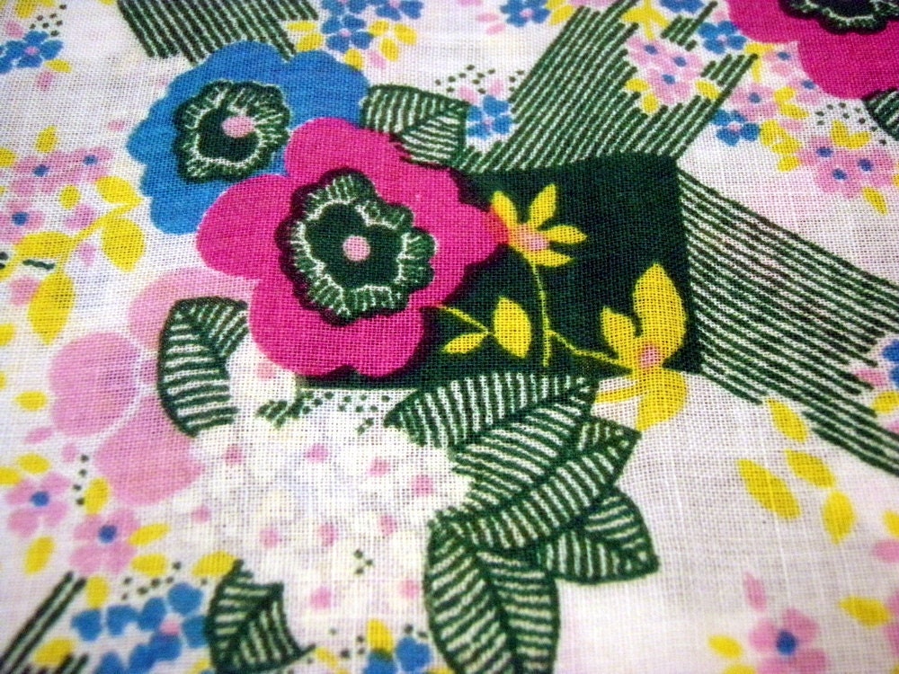 Vintage Fabric 70s Flower Power Craft Supplies Retro Floral Cotton Sewing Quilting Fuschia Green Yellow Fabric By The Yard