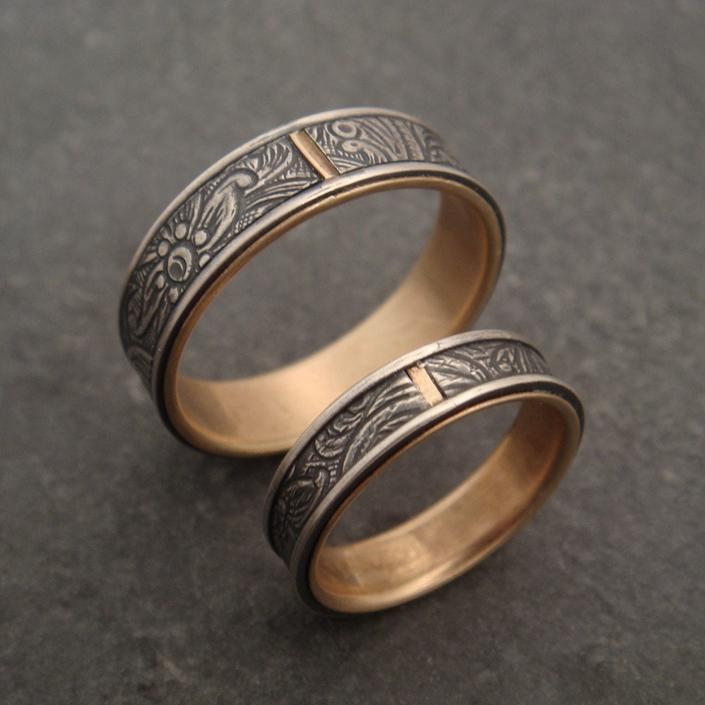 Wedding Band Set - 10K Gold Lined Sunflower Rings