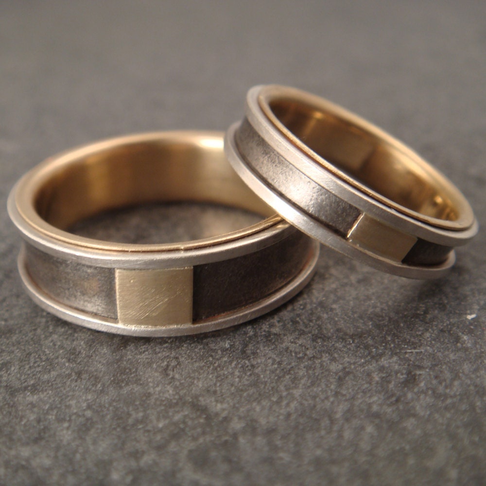 Titanium Wedding Band Set with Sterling Silver and 14k Gold