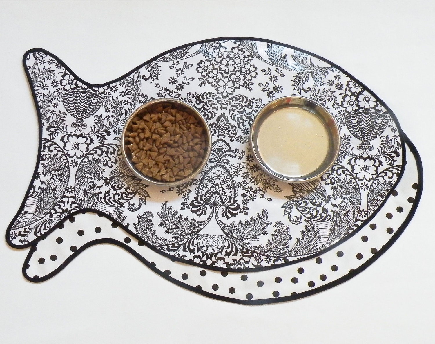 Oilcloth Cat Dish Mat -- Reversible Black Lace and Polka Dot --- IN STOCK