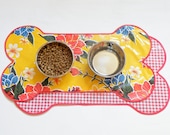 Oilcloth Doggie Dish Mat -- Reversible Yellow Hibiscus and Red Gingham --- IN STOCK