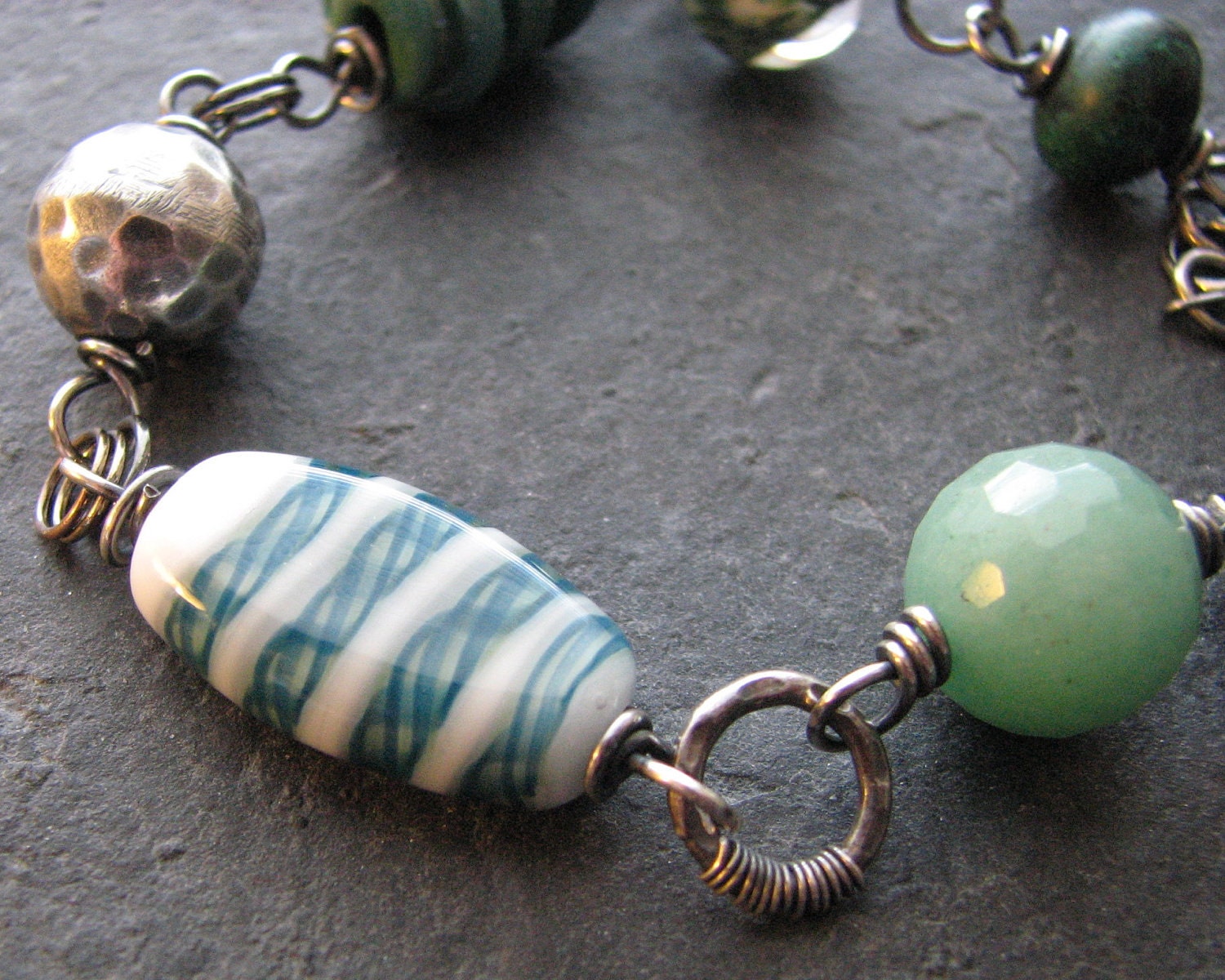 Teal Spiral, Aventurine and Oxidized Sterling Silver Wire Wrapped Bracelet