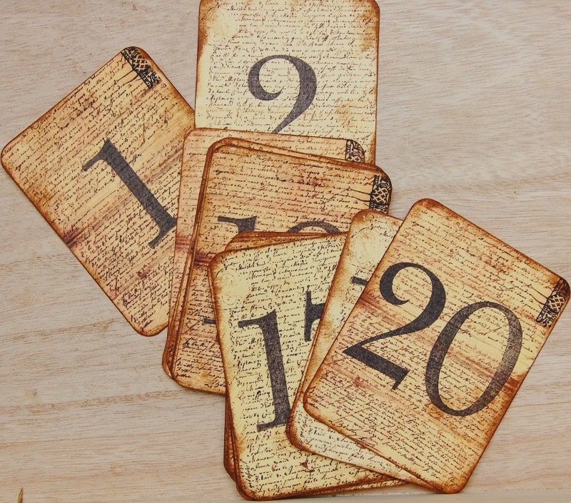 Reserved for Arti 21 WEDDING TABLE NUMBERS 1-21 on Aged  Paper