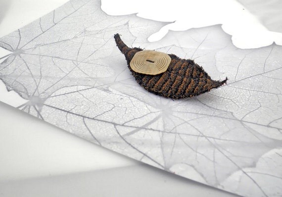 Fabric Leaf Button Brooch - Autumn Stripes and Circles