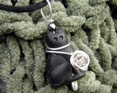Black Cat With Ball of Yarn Pendant - Sterling Silver Wire Necklace - Knitting Jewelry