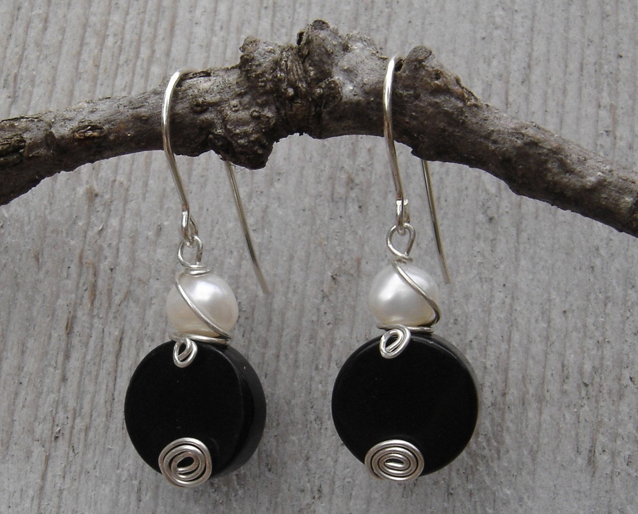 Small Black Stone and Fresh Water Pearl Earrings - Sterling Silver Wire Wrapped Swirl Dangle Earrings