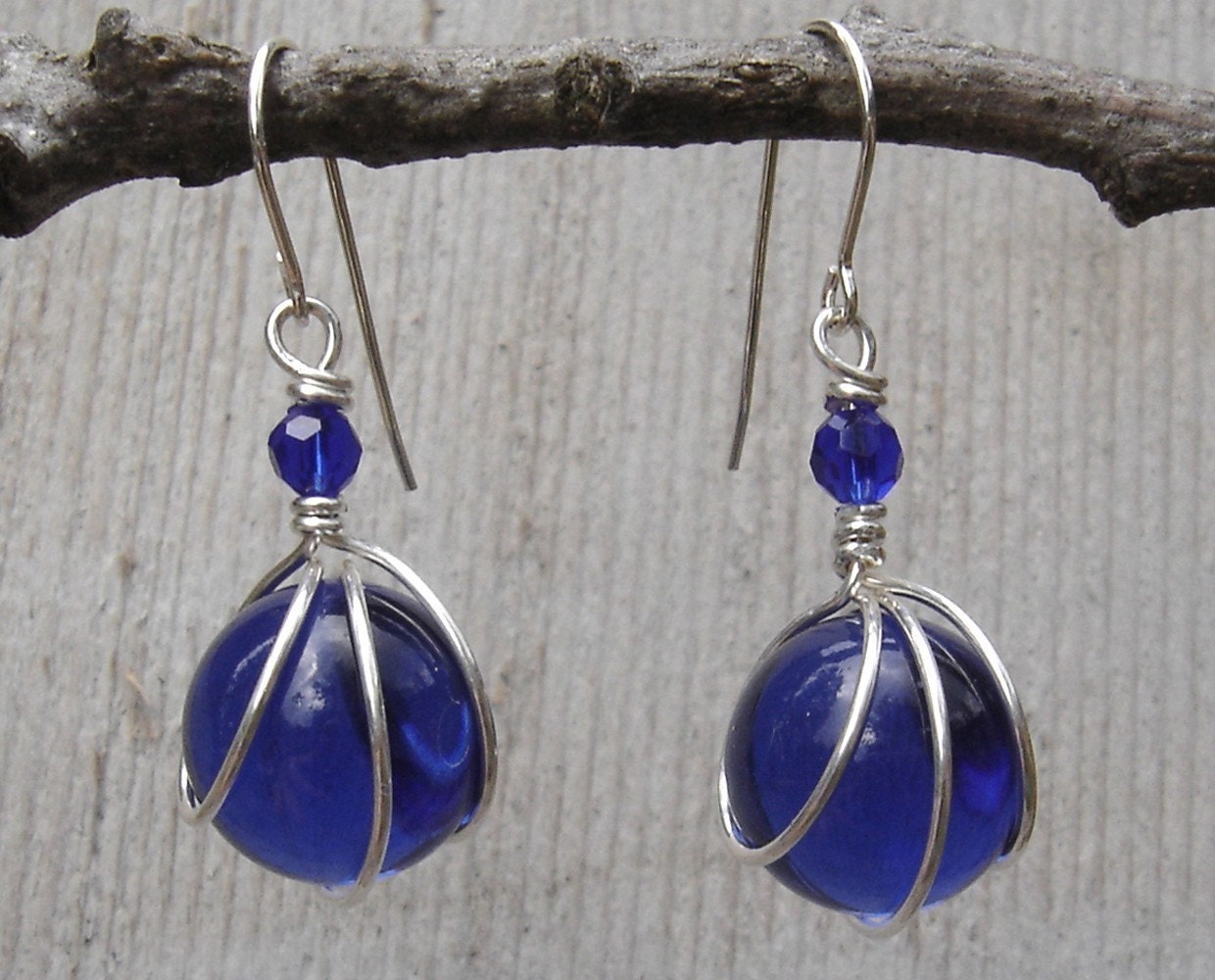 Cobalt Blue Glass Marble Earrings - Sterling Silver Wire Wrapped