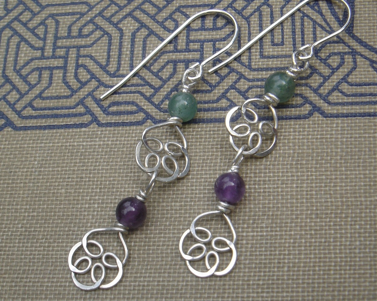 Celtic Knot Flower Silver Long Dangle Earrings - Amethyst and Aventurine Double Swirl- Celtic Jewelry-Stone Beads