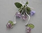 Vining Lilac Purple Flowers and Tendrils Earrings - Glass Flower Earrings - Spring Dangle, Sterling Silver Wire Jewelry