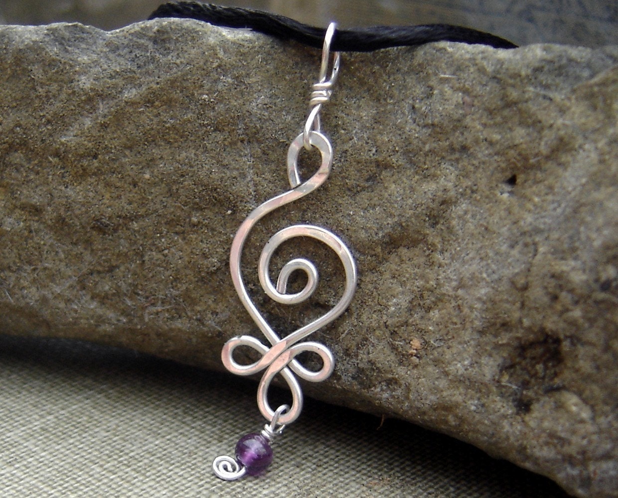 Celtic Budding Spiral Sterling Silver Pendant - With Dangling Amethyst - Celtic Necklace -Silver Hammered Wire