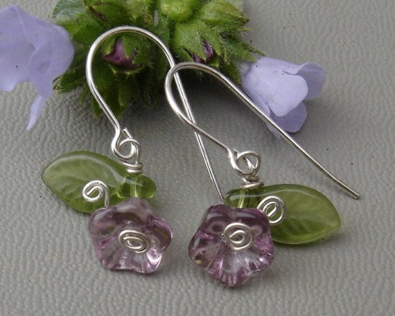 Little Lilac Purple Glass Flower and Leaves Earrings-Czech Glass Beads Silver Wire Wrapped Dangle-Flower Girl Jewelry