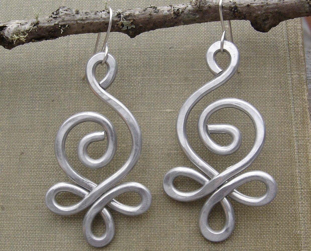 Unique BIG Earrings - Celtic Budding Spiral Swirl - Light Weight Hammered Aluminum Wire - Celtic Jewelry