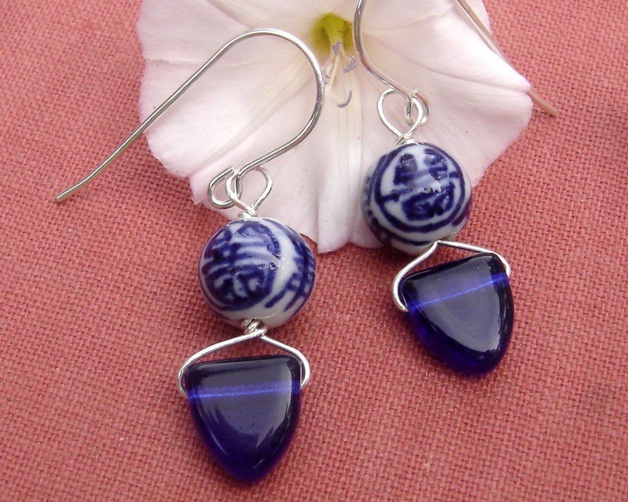 Chinese Porcelain Cobalt Blue Earrings, Glass Triangle Dangle Earrings, Asian Jewelry Beads