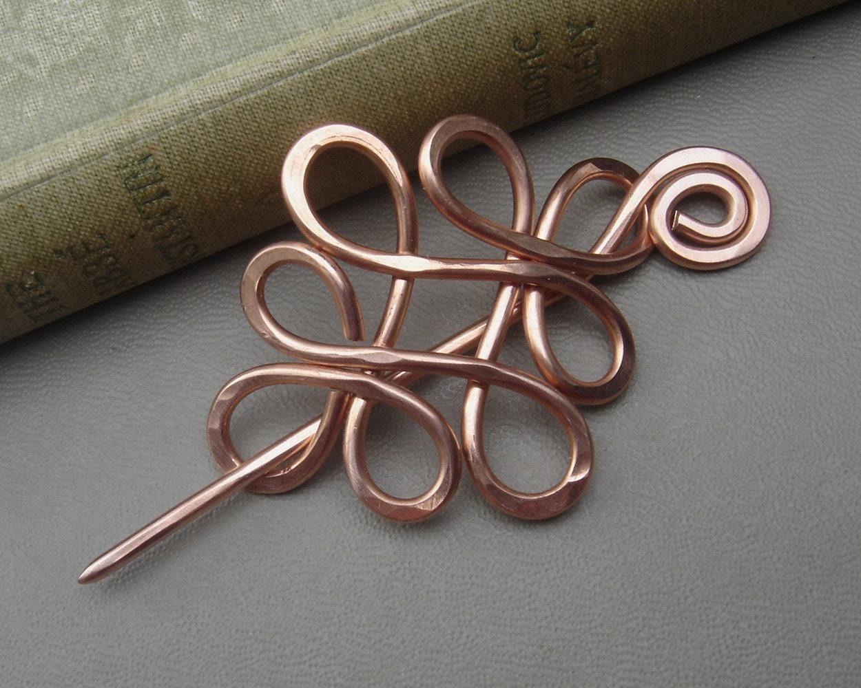 Copper Looping Celtic Crossed Knots Shawl Pin, Hair Pin, Scarf Pin, Hair Slide, Barrette - Celtic Accessories, Knitting, Women