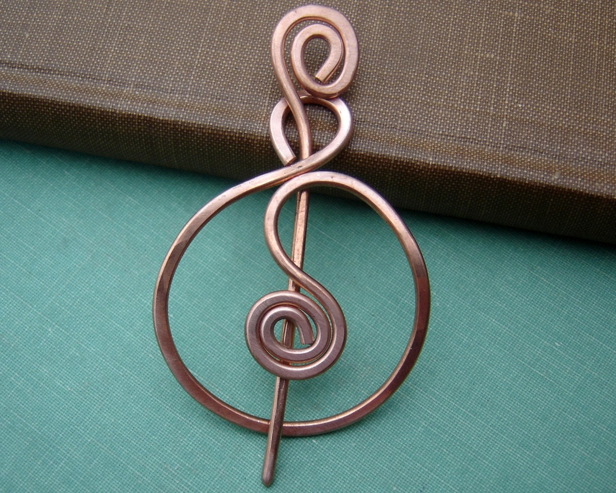 Spiraling Full Circle Copper Shawl Pin, Scarf Pin, Sweater Brooch, Fastener, Women Knitting Accessories