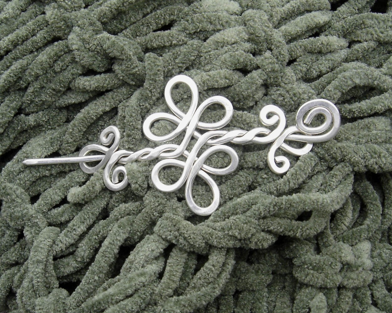 Celtic Sterling Silver Shawl Pin, Scarf Pin, Hair Pin, Sweater Brooch - Double Swirls and Curls - Celtic Accessory