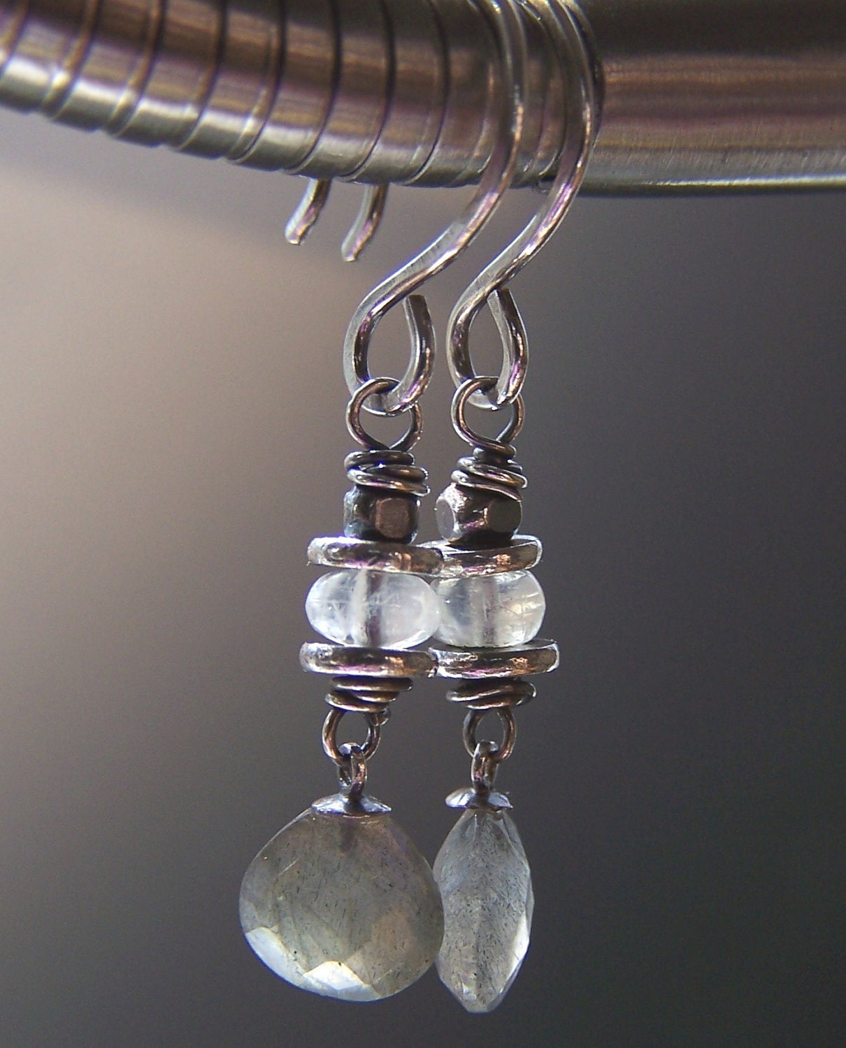 Gray Labradorite Earrings White Moonstone Gemstone -Precipitation