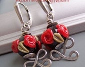 Red Black Earrings Rose Flower Artisan Glass Beaded Eclectic - Roses are Red