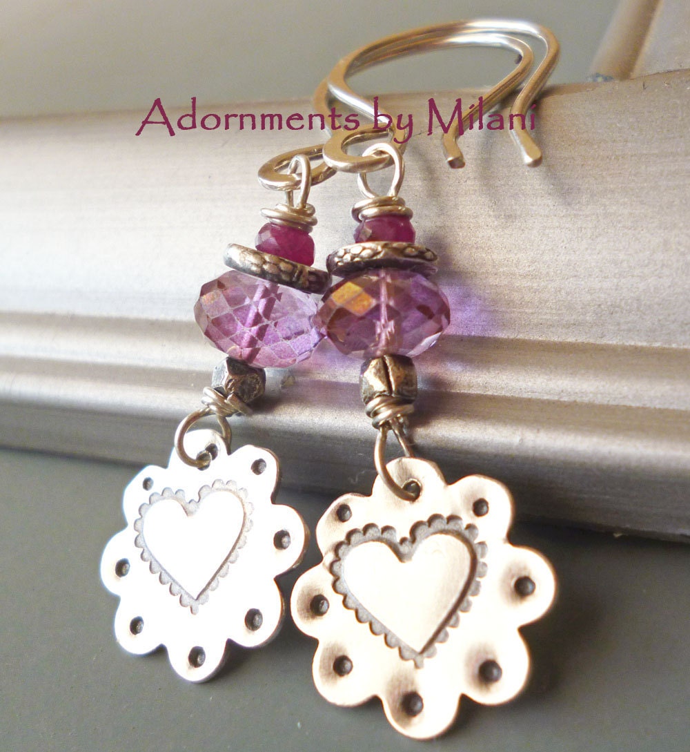Pink Earrings Heart Gemstone Heart Beaded Artisan Sterling Silver - Pink Blossom
