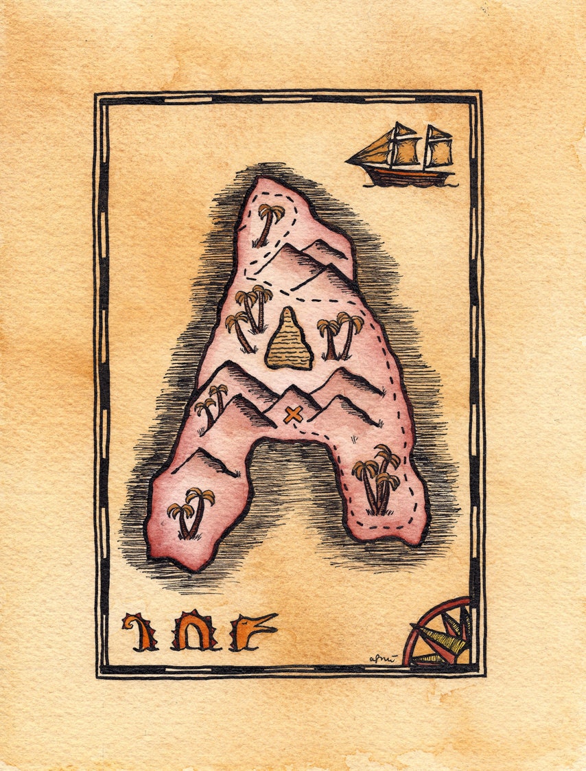 READY-TO-SHIP Initial "A" Treasure Map - 5" x 7" Pirate's Map of Letter-Shaped Island