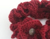 Knit Ruffle Cowl Scarf in Garnet Wool with a Vintage Silver Tone Button
