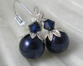 Navy Blue and Pearl Silver Earrings